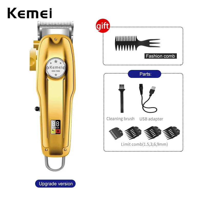 Kemei 1986 Professional Hair Clipper — LCD Display USB Cordless Electric Cutting Machine for Men