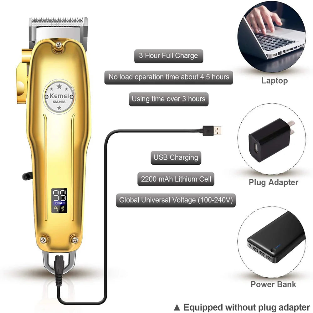 Kemei 1986 Professional Hair Clipper — LCD Display USB Cordless Electric Cutting Machine for Men