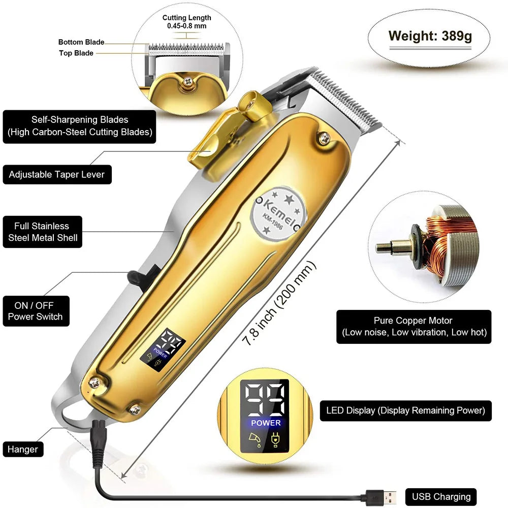 Kemei 1986 Professional Hair Clipper — LCD Display USB Cordless Electric Cutting Machine for Men