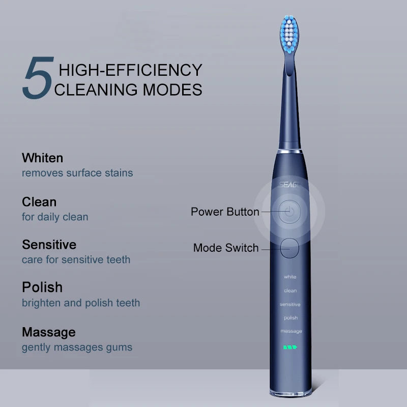 Seago SG-575 Electric Toothbrush — USB Rechargeable, 360-Day Battery, IPX7 with 4 Heads
