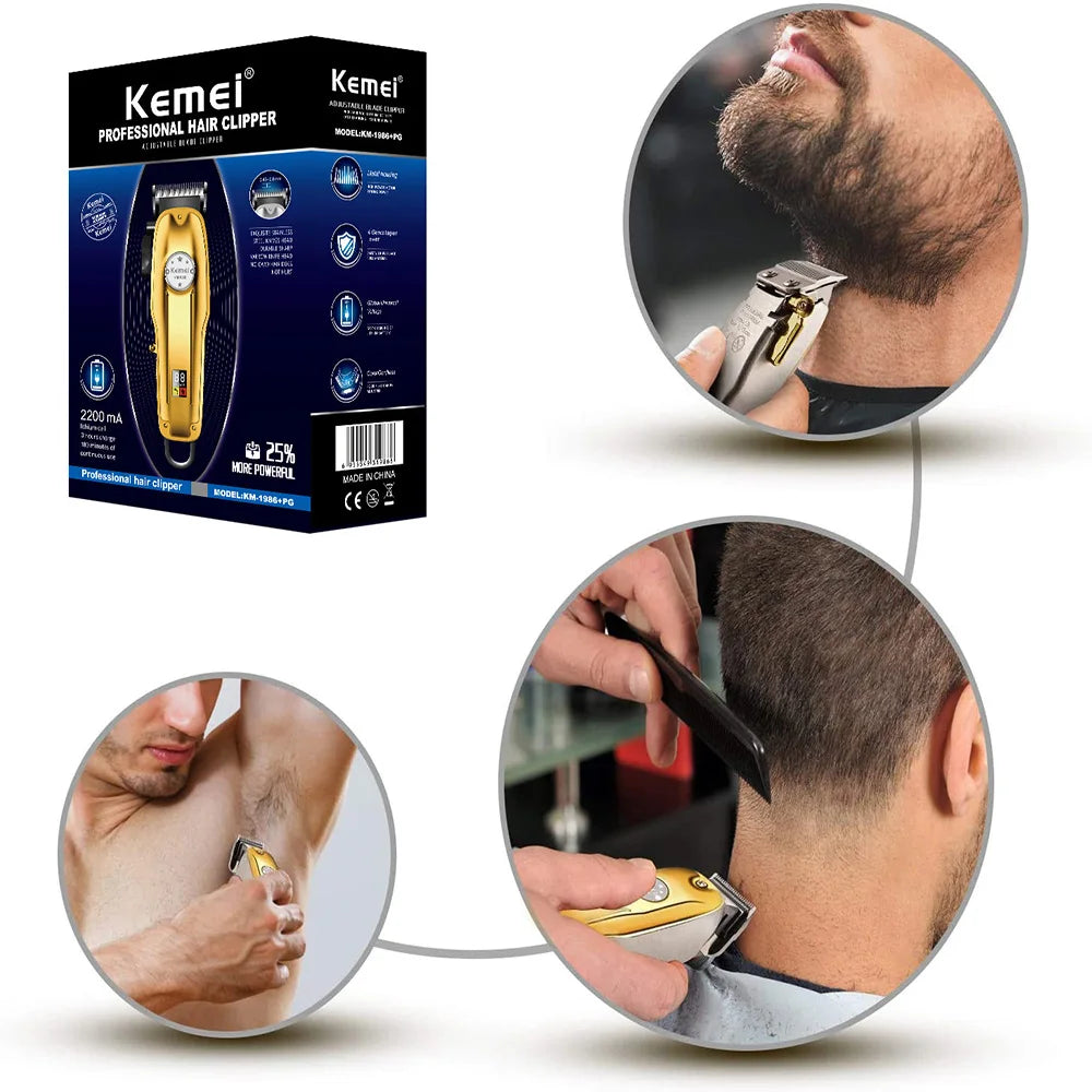 Kemei 1986 Professional Hair Clipper — LCD Display USB Cordless Electric Cutting Machine for Men