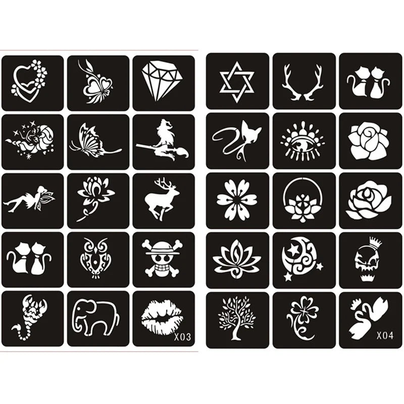 133pcs Airbrush Glitter Tattoo Stencil Set — Butterfly, Flower & Henna
