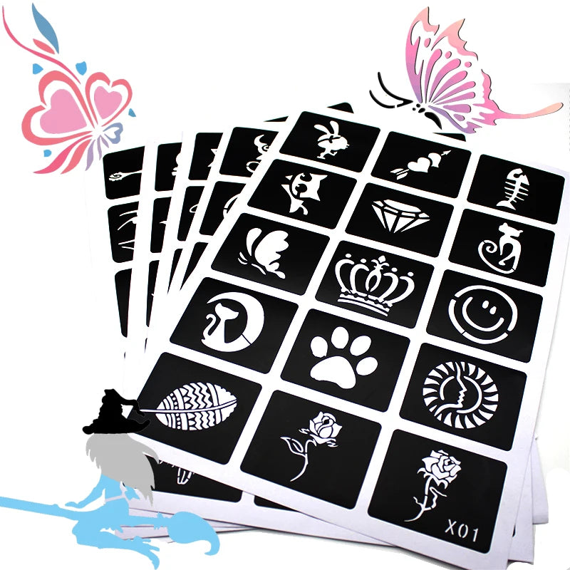 133pcs Airbrush Glitter Tattoo Stencil Set — Butterfly, Flower & Henna