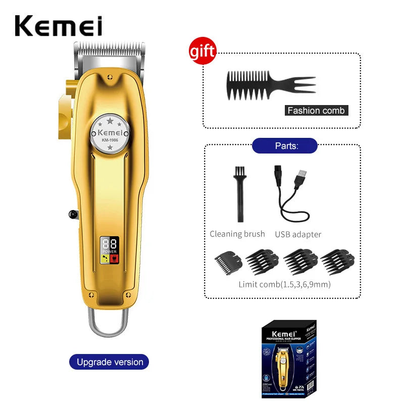 Kemei 1986 Professional Hair Clipper — LCD Display USB Cordless Electric Cutting Machine for Men