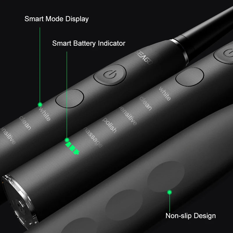 Seago SG-575 Electric Toothbrush — USB Rechargeable, 360-Day Battery, IPX7 with 4 Heads