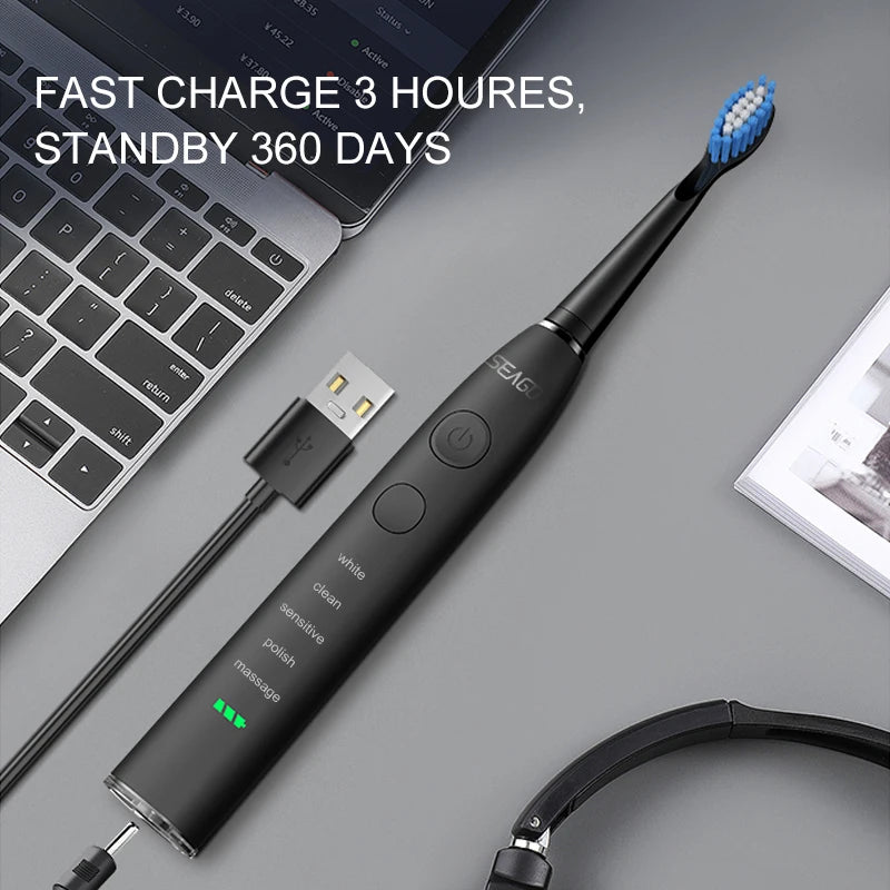 Seago SG-575 Electric Toothbrush — USB Rechargeable, 360-Day Battery, IPX7 with 4 Heads
