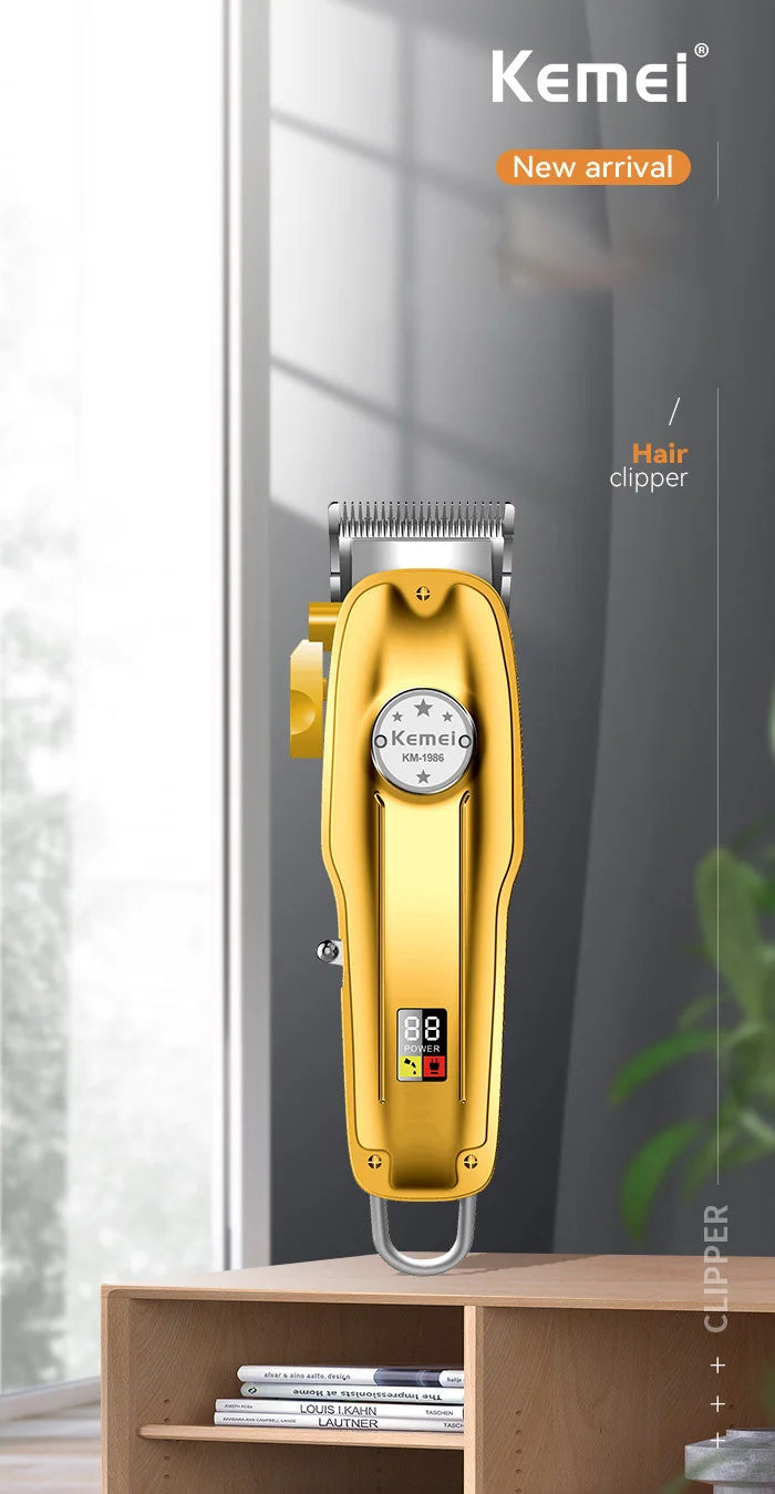 Kemei 1986 Professional Hair Clipper — LCD Display USB Cordless Electric Cutting Machine for Men