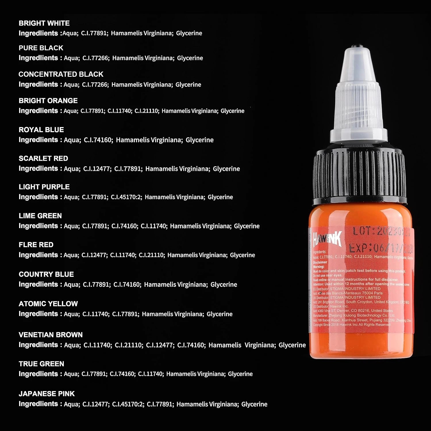 Hawink Tattoo Ink Kit — 7 or 14 Colors, 15ml/Bottle Semi-Permanent