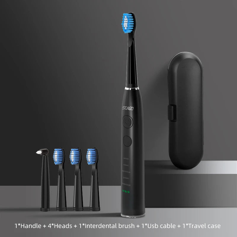Seago SG-575 Electric Toothbrush — USB Rechargeable, 360-Day Battery, IPX7 with 4 Heads