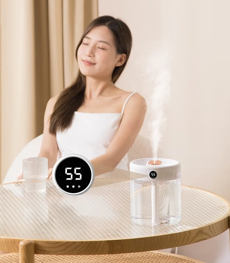 2L Double Spray Humidifier — Large Capacity Silent USB with Night Light & Digital Display