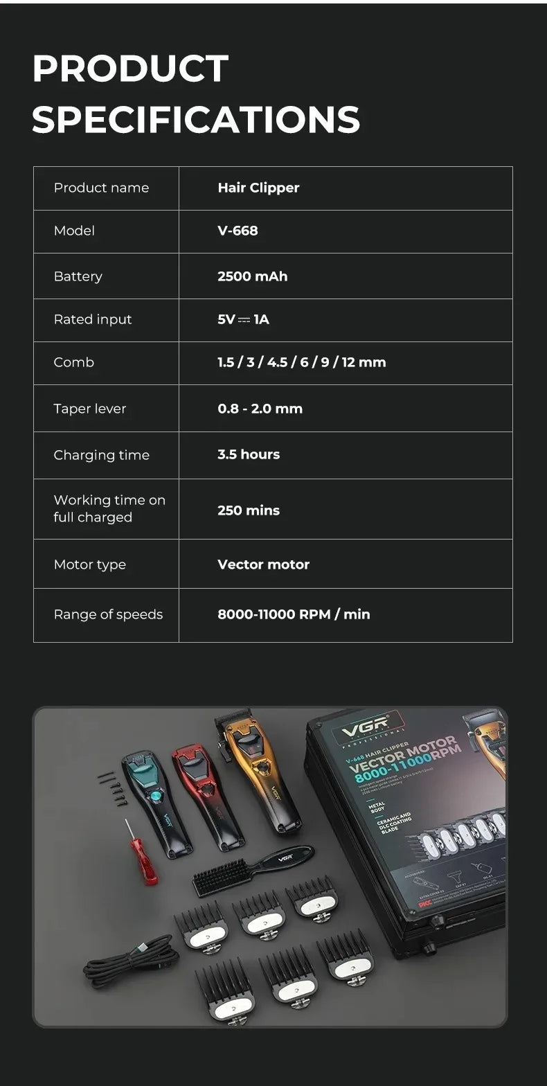 VGR V-668 Professional Barber Hair Trimmer — Cordless Electric Clipper for Men