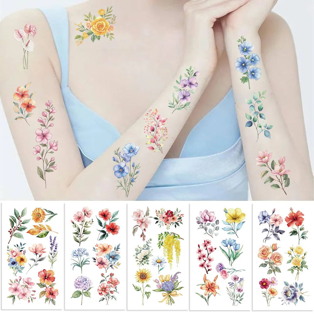 Colorful Flower Temporary Tattoo Stickers — 10pcs Sunflower Bouquet Set