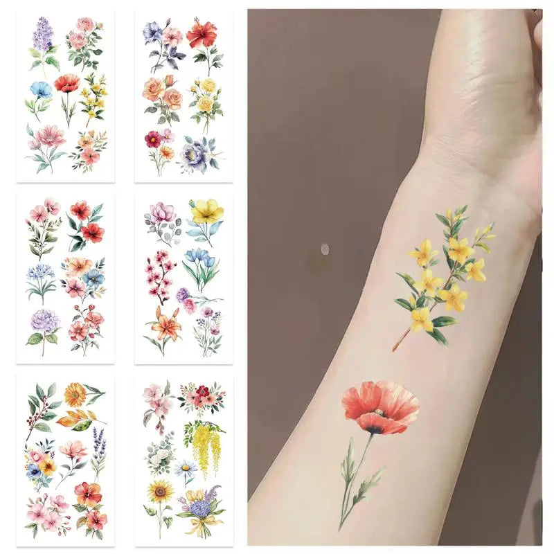 Colorful Flower Temporary Tattoo Stickers — 10pcs Sunflower Bouquet Set