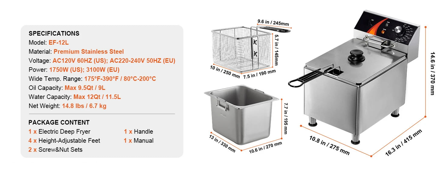 SucceBuy Commercial Deep Fryer — Electric Countertop Stainless Steel with Timer & Temp Control