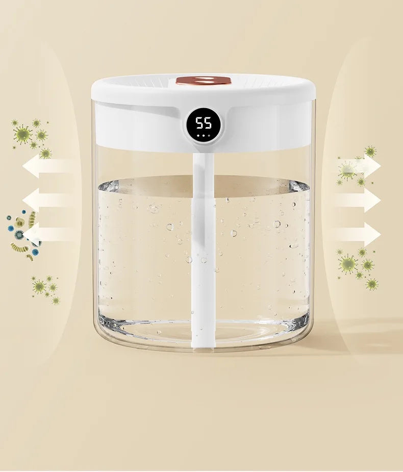 2L Double Spray Humidifier — Large Capacity Silent USB with Night Light & Digital Display
