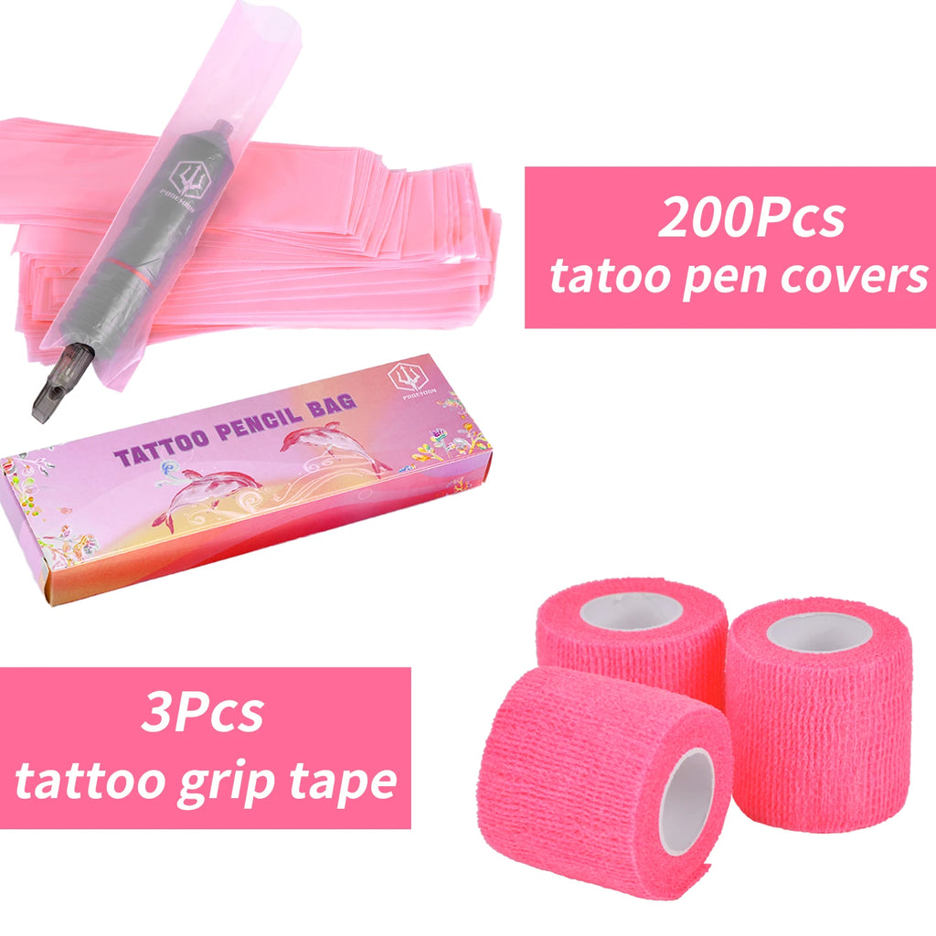 POSEIDON Tattoo Pencil Sleeve Bag — 200pcs Covers + 3pcs Pink Bandage Practice Set