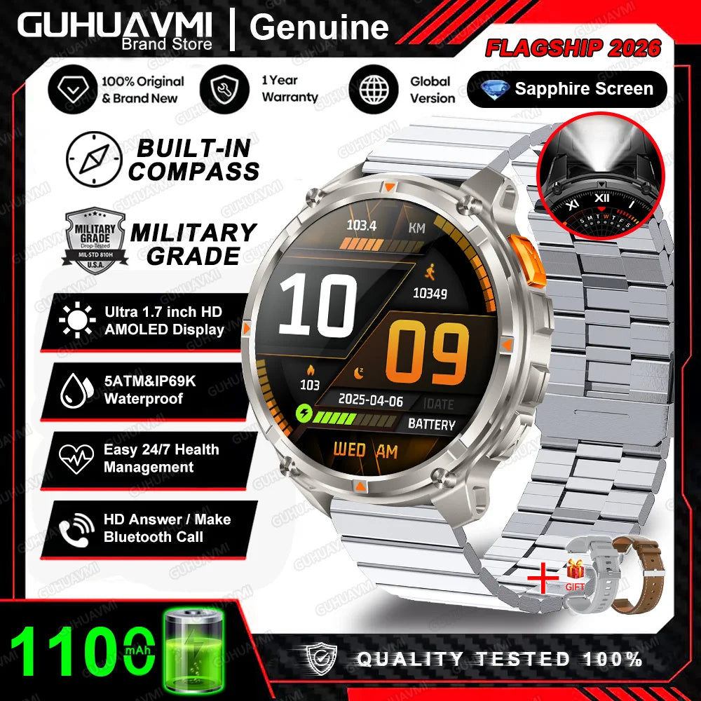 2026 T-Rex3 Pro Military Smartwatch — 1100mAh, GPS, 5ATM Waterproof & Compass