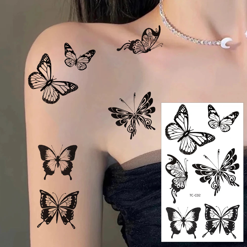 3D Black Butterfly Temporary Tattoo — 30pcs Waterproof Transfer Set for Women