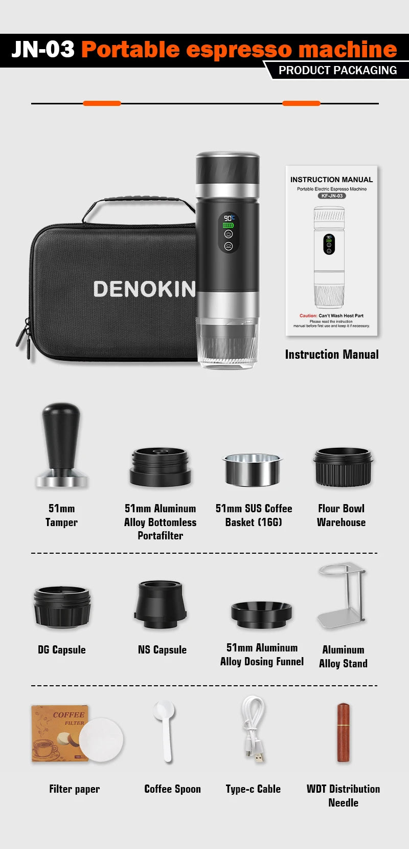 DENOKIN 3-in-1 Portable Espresso Machine — Digital Display, Removable Battery for Car, Home & Camping