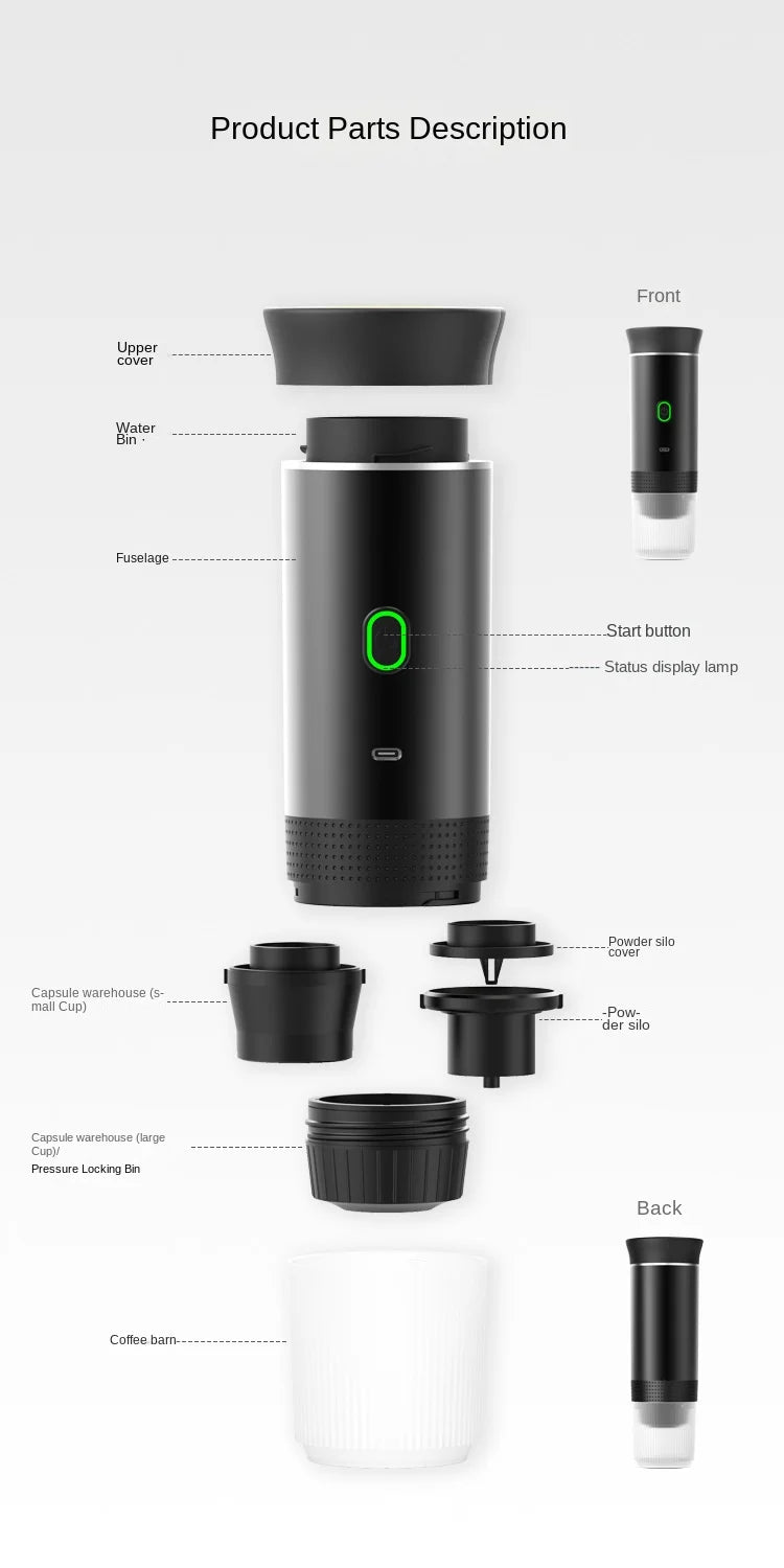 Portable Wireless Espresso Machine — 3-in-1 Capsule, Pod & Ground Coffee Maker for Travel & Car