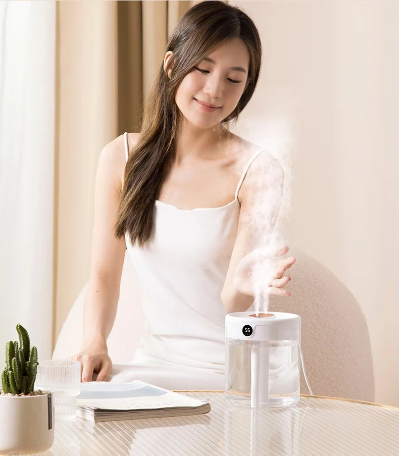 2L Double Spray Humidifier — Large Capacity Silent USB with Night Light & Digital Display