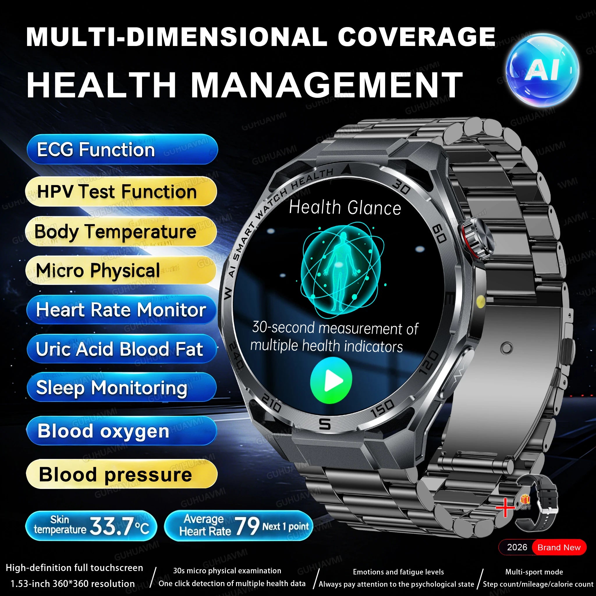 2026 ECG+PPG Health Smartwatch — Body Fat, Uric Acid & Bluetooth Call for Men & Women