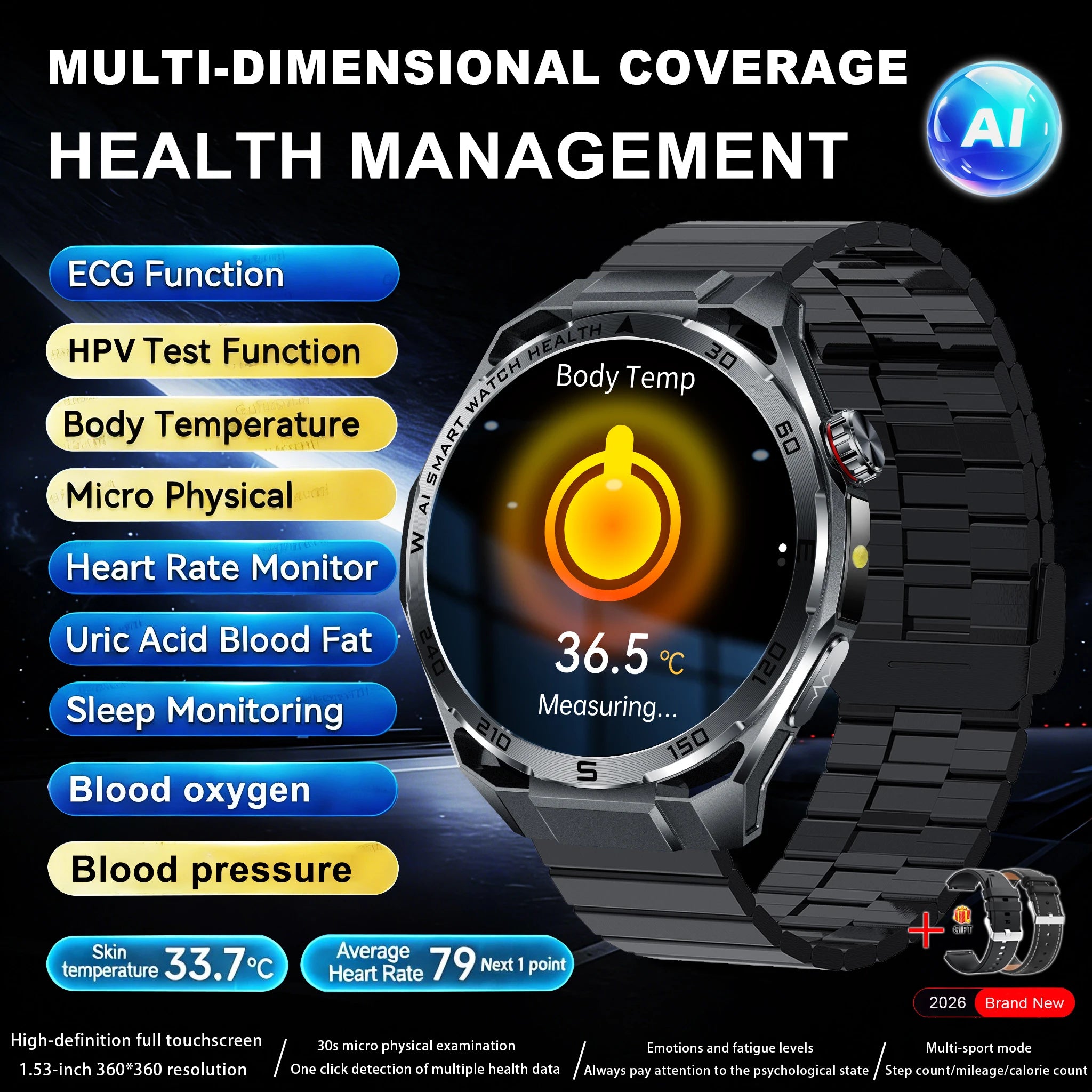 2026 ECG+PPG Health Smartwatch — Body Fat, Uric Acid & Bluetooth Call for Men & Women