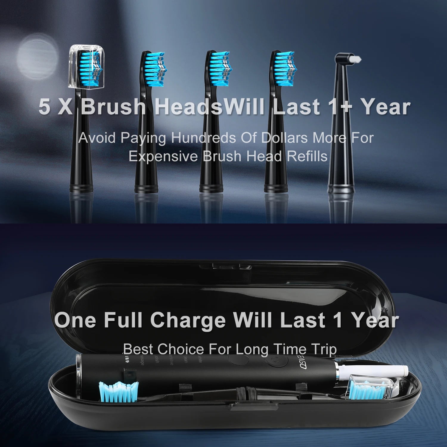 Seago SG-575 Electric Toothbrush — USB Rechargeable, 360-Day Battery, IPX7 with 4 Heads