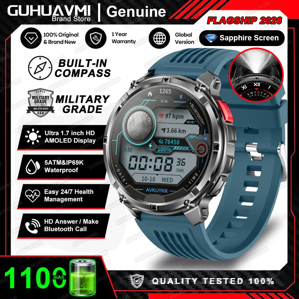 2026 T-Rex3 Pro Military Smartwatch — 1100mAh, GPS, 5ATM Waterproof & Compass