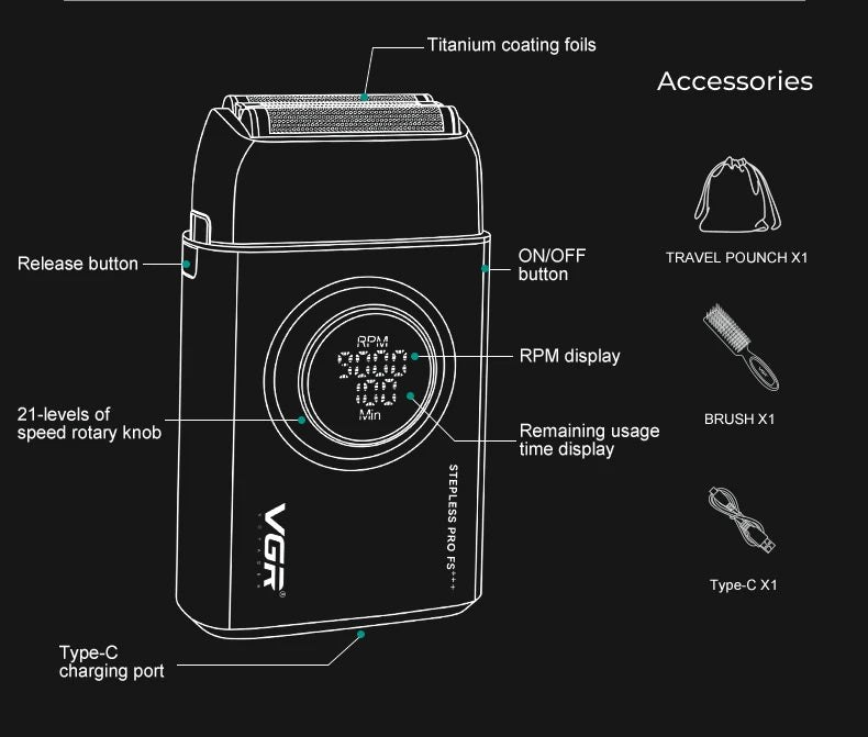 VGR V-378 Professional Foil Shaver — Rechargeable Cordless Electric Head Shaver for Men