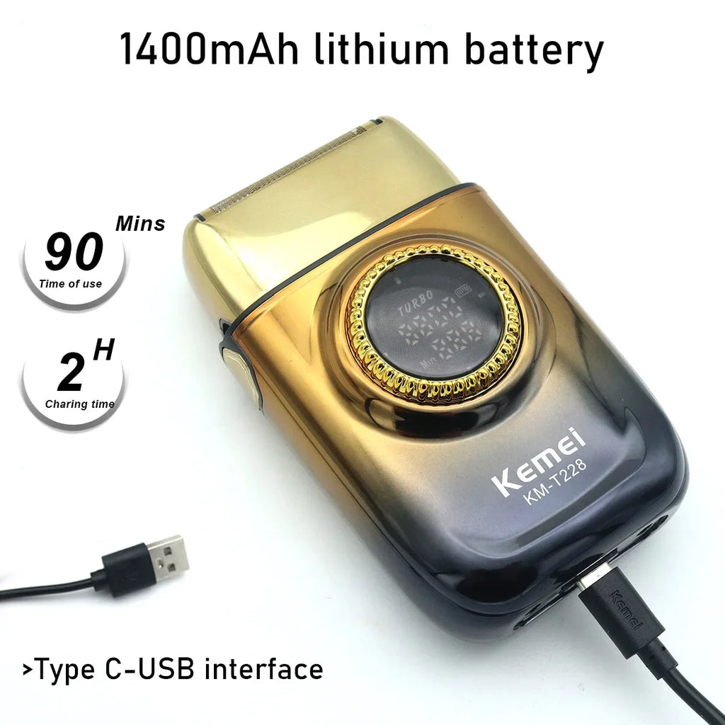 Kemei KM-T228 Professional Reciprocating Foil Shaver — Turbo High Speed, LCD, USB Fast Charge