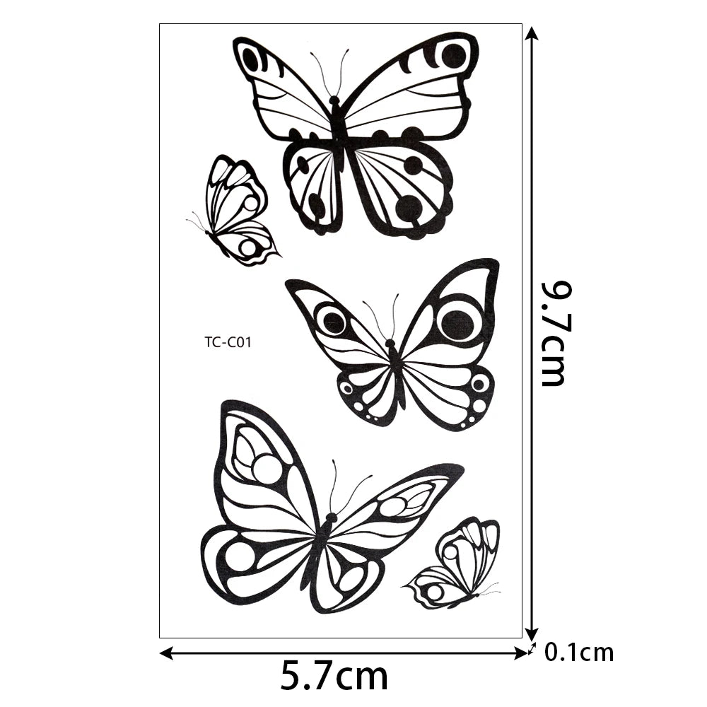 3D Black Butterfly Temporary Tattoo — 30pcs Waterproof Transfer Set for Women