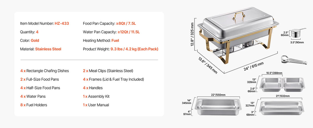 SucceBuy 8Qt Chafing Dish Buffet Set — 4-Pack Stainless Steel Catering Warmer Server