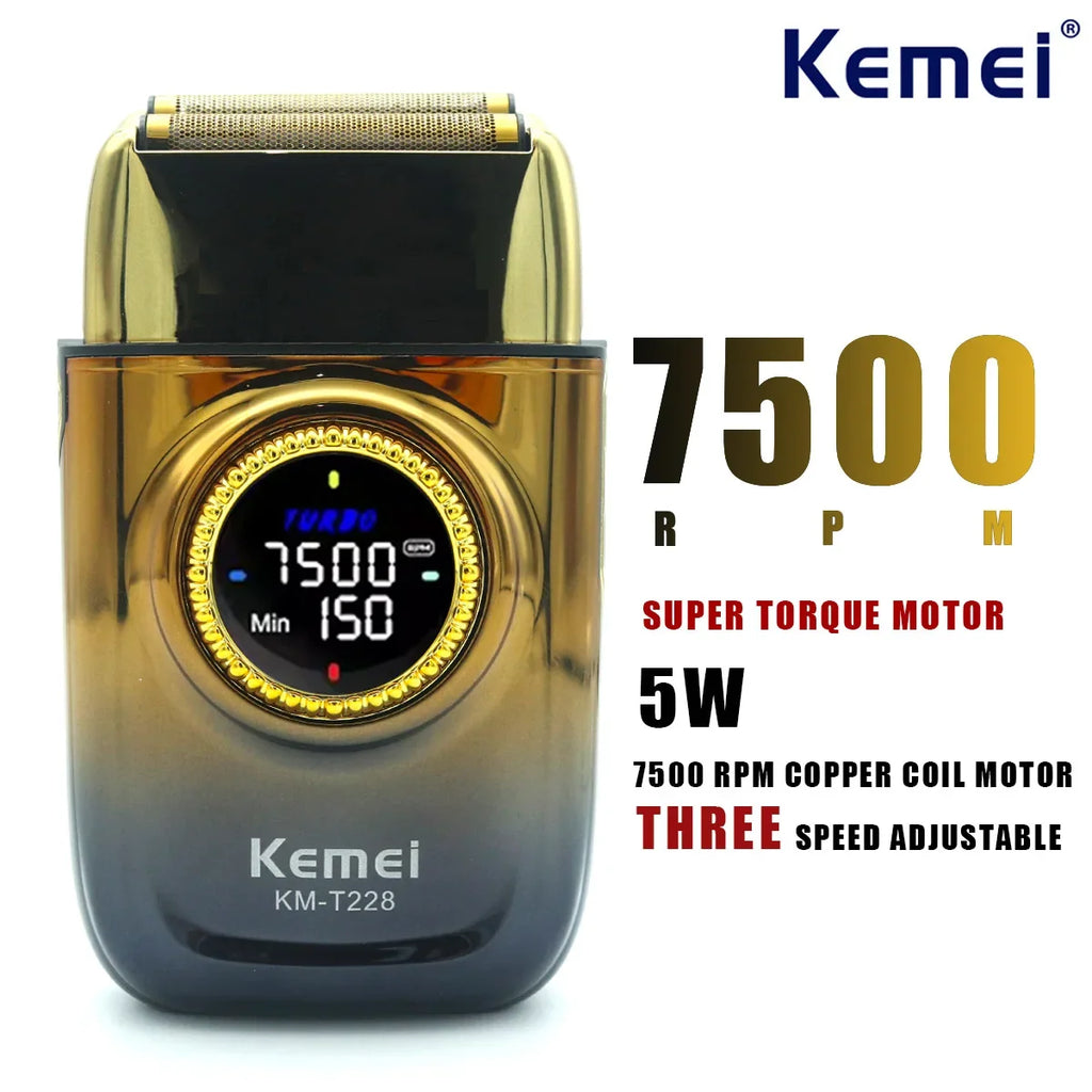 Kemei KM-T228 Professional Reciprocating Foil Shaver — Turbo High Speed, LCD, USB Fast Charge