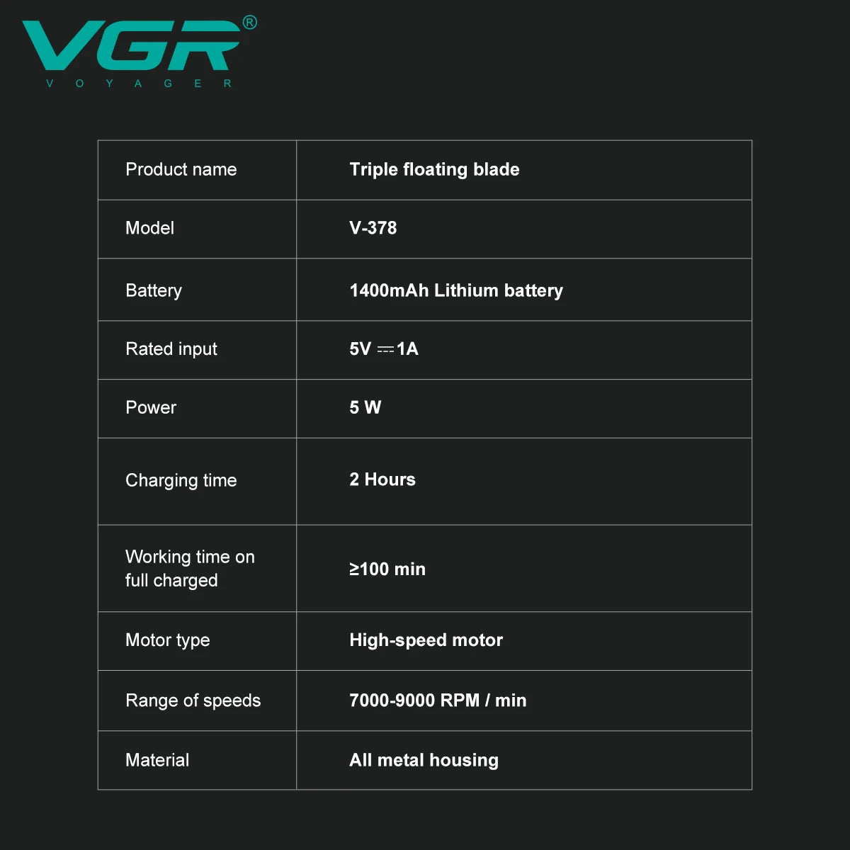 VGR V-378 Professional Foil Shaver — Rechargeable Cordless Electric Head Shaver for Men