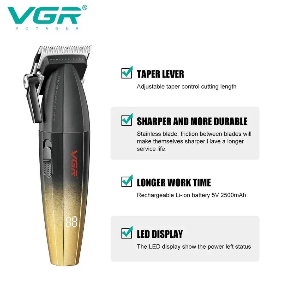 VGR Hair Trimmer Professional Clipper Barber Adjustable Hair Cut Machine 9000 RPM Clipper LED Display Hair Clippers Men V-003