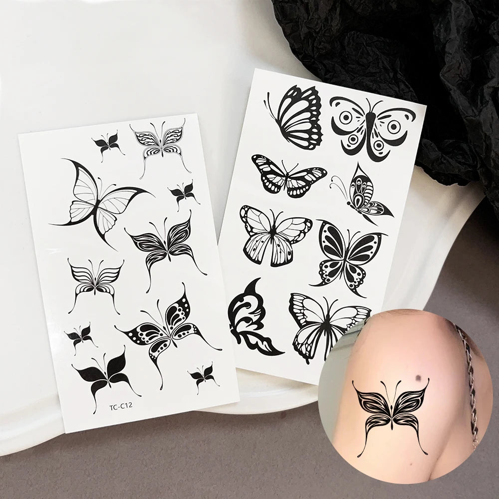 3D Black Butterfly Temporary Tattoo — 30pcs Waterproof Transfer Set for Women