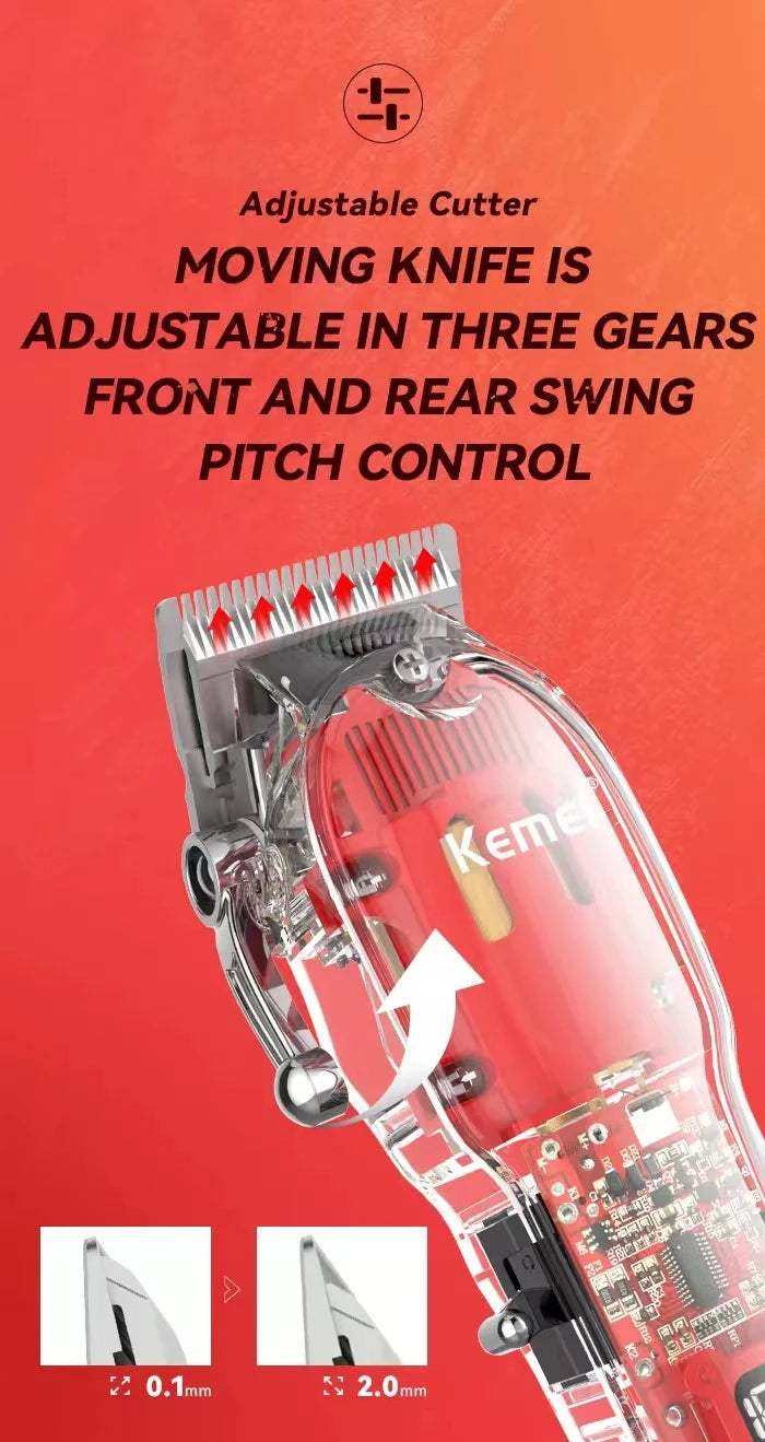 Kemei Rechargeable Hair Cutting Machine Barber Shop Fade Hair Clippers 10W Cordless Trimmer Transparent Cover Red Base KM-1761