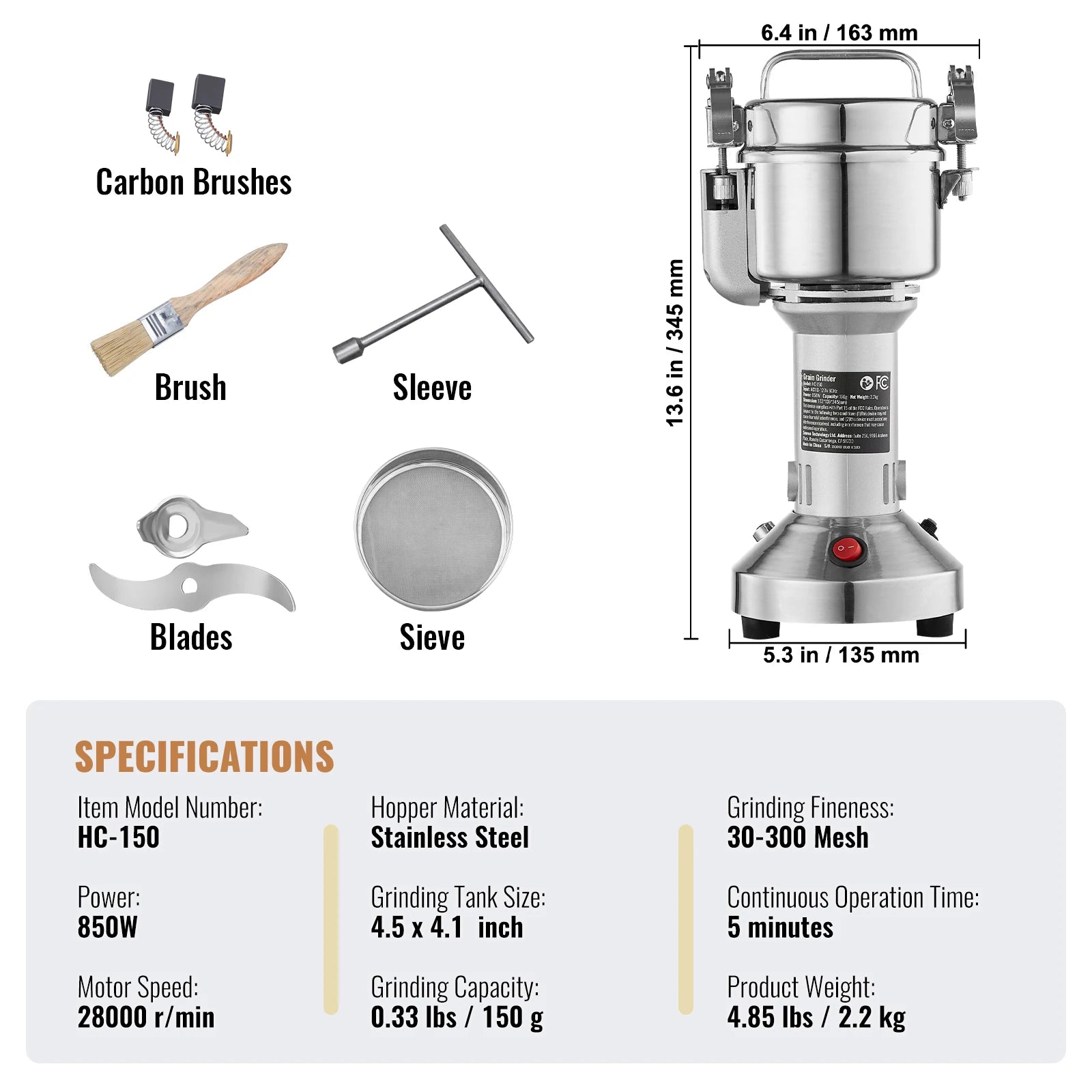 SucceBuy Commercial Grain Mill Grinder — 150-2500g Electric Swing Spice Grinder