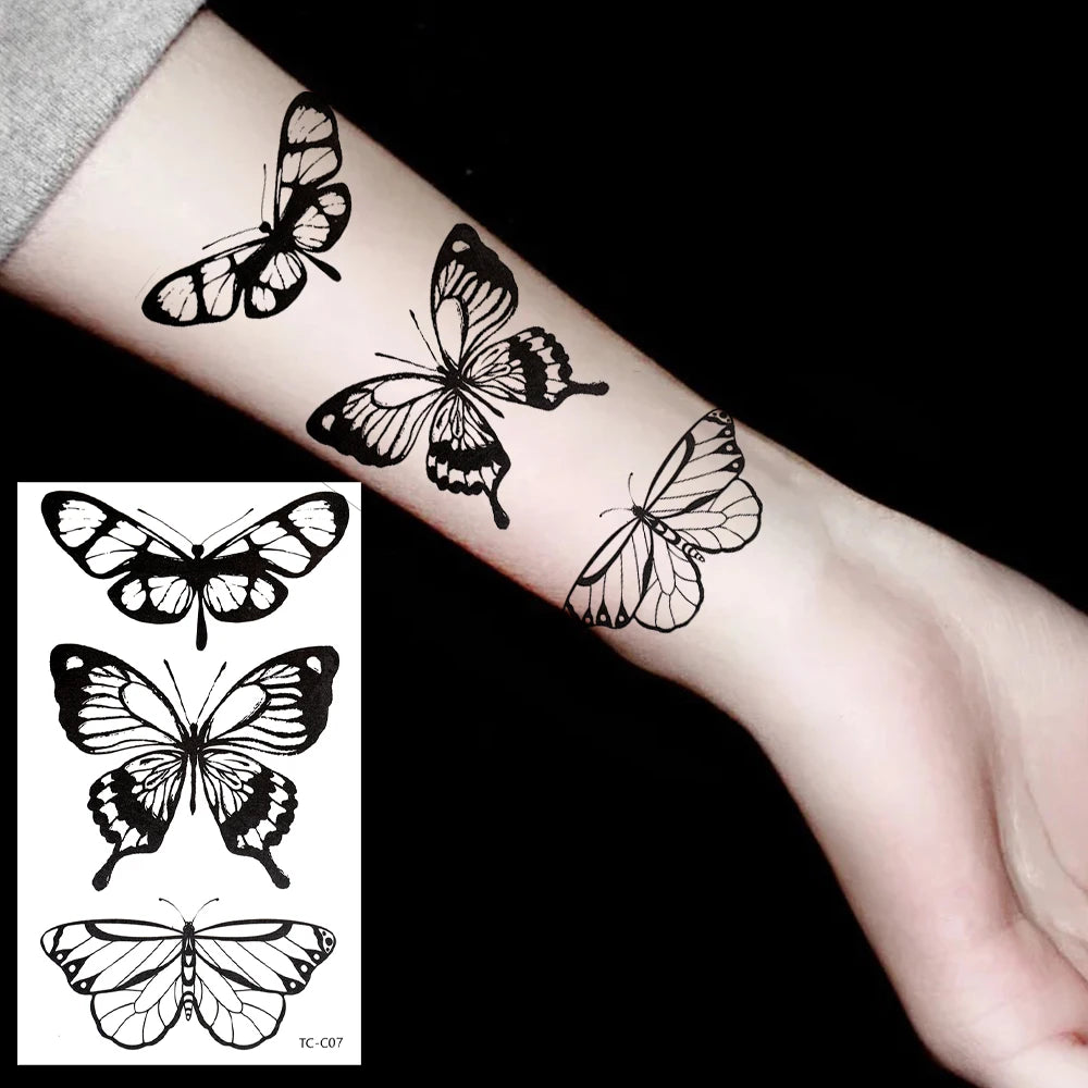 3D Black Butterfly Temporary Tattoo — 30pcs Waterproof Transfer Set for Women