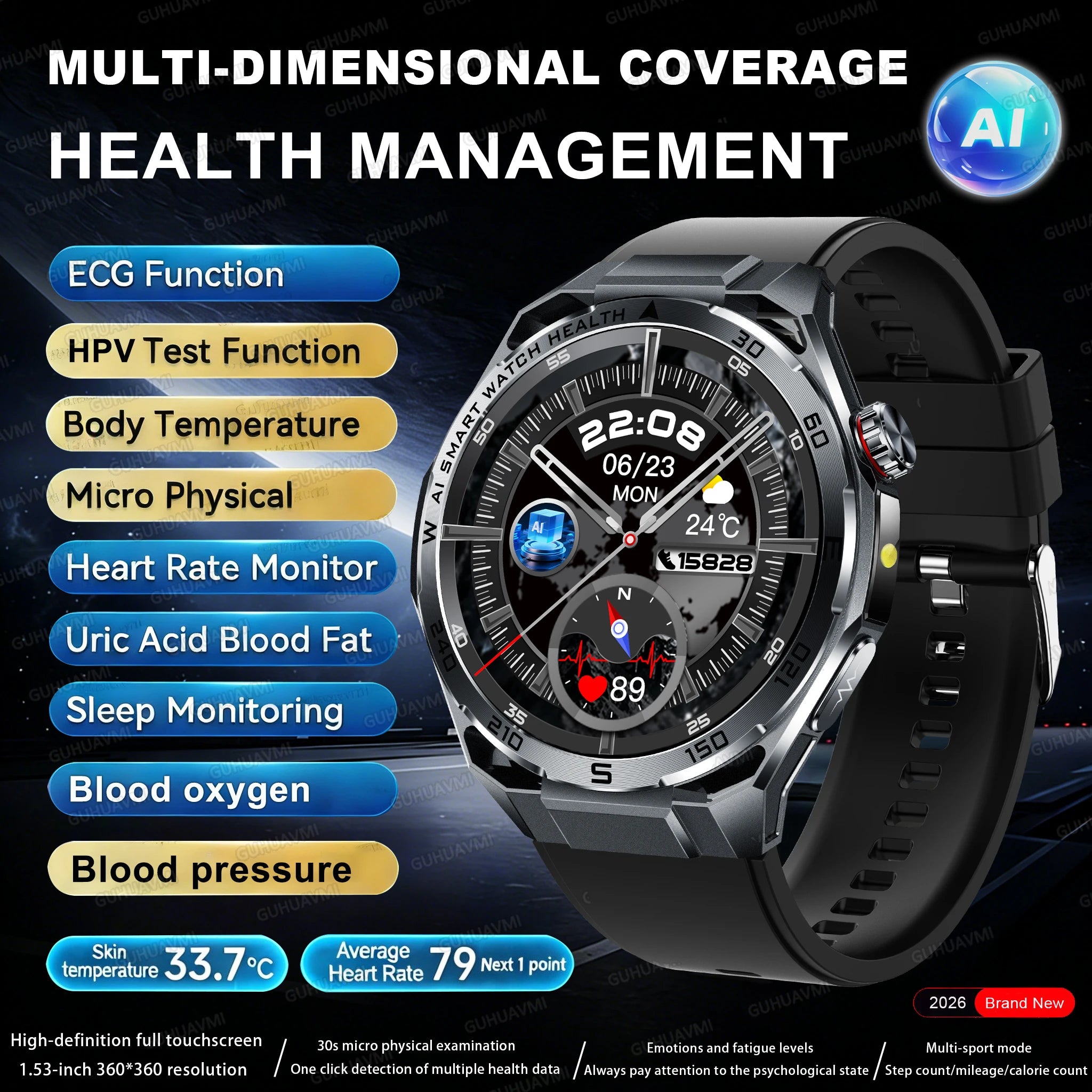 2026 ECG+PPG Health Smartwatch — Body Fat, Uric Acid & Bluetooth Call for Men & Women