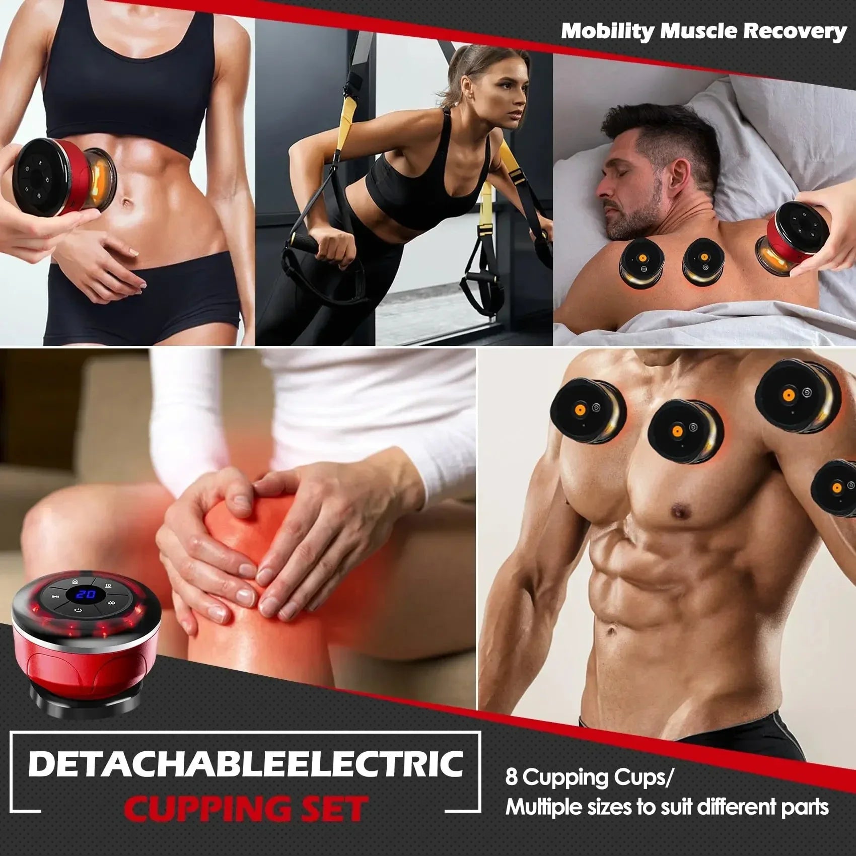 Electric Vacuum Cupping Massage 8 Cups Gua Sha Vacuum Suction Cups Anti-Cellulite Therapy Massager for Body Fat Burning Slimming