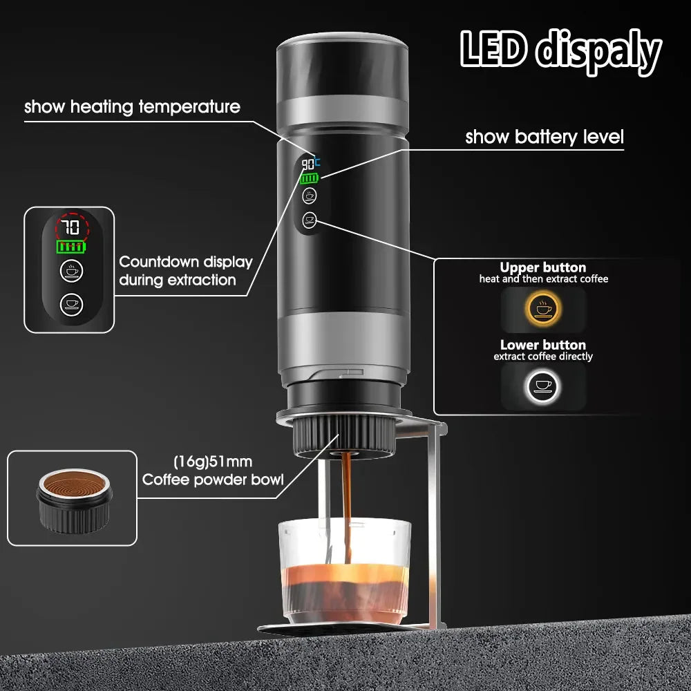 DENOKIN 3-in-1 Portable Espresso Machine — Digital Display, Removable Battery for Car, Home & Camping