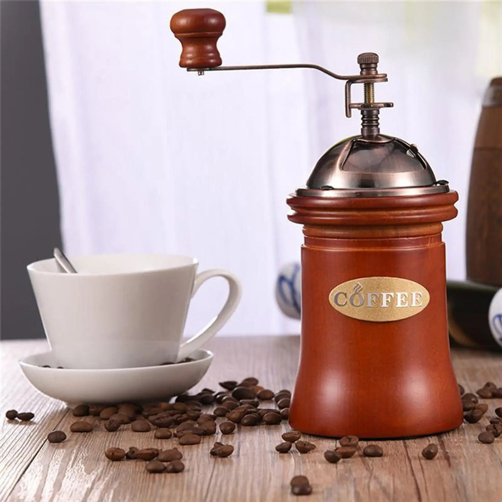 Classic Wood Manual Coffee Grinder — Hand Crank Coffee Bean Mill with Wood Base