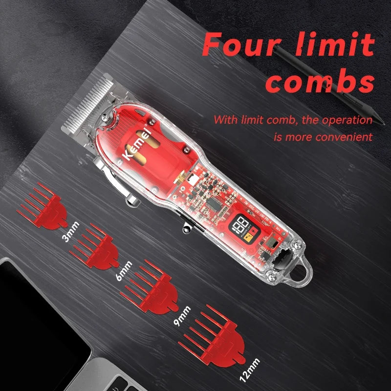 Kemei Rechargeable Hair Cutting Machine Barber Shop Fade Hair Clippers 10W Cordless Trimmer Transparent Cover Red Base KM-1761