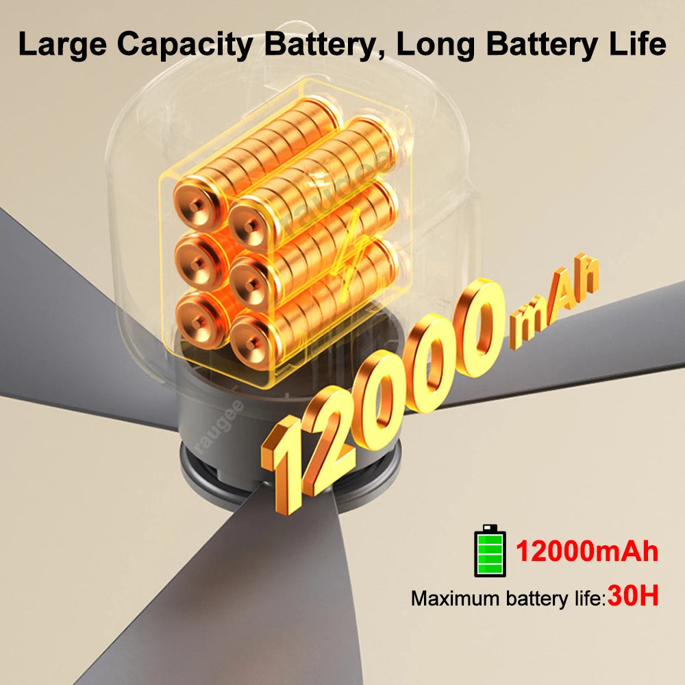 12000mAh Portable Camping Ceiling Fan — Remote Control, LED Light, USB Rechargeable