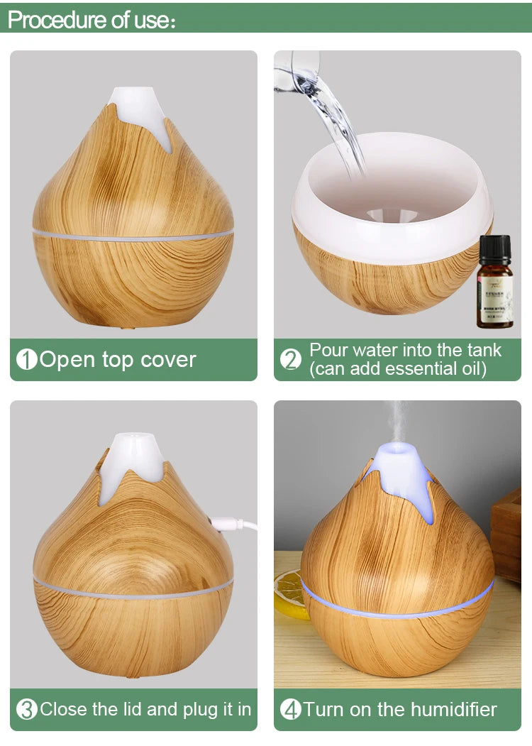 350ml Wood Grain Aromatherapy Diffuser — Remote Control, 7-Color LED Ultrasonic Humidifier