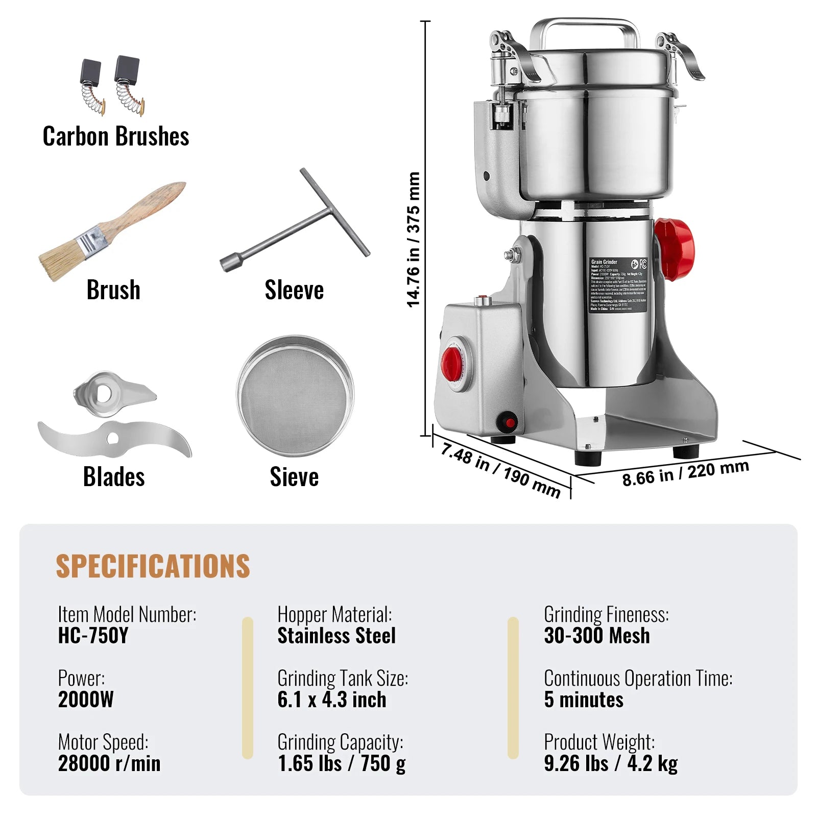 SucceBuy Commercial Grain Mill Grinder — 150-2500g Electric Swing Spice Grinder