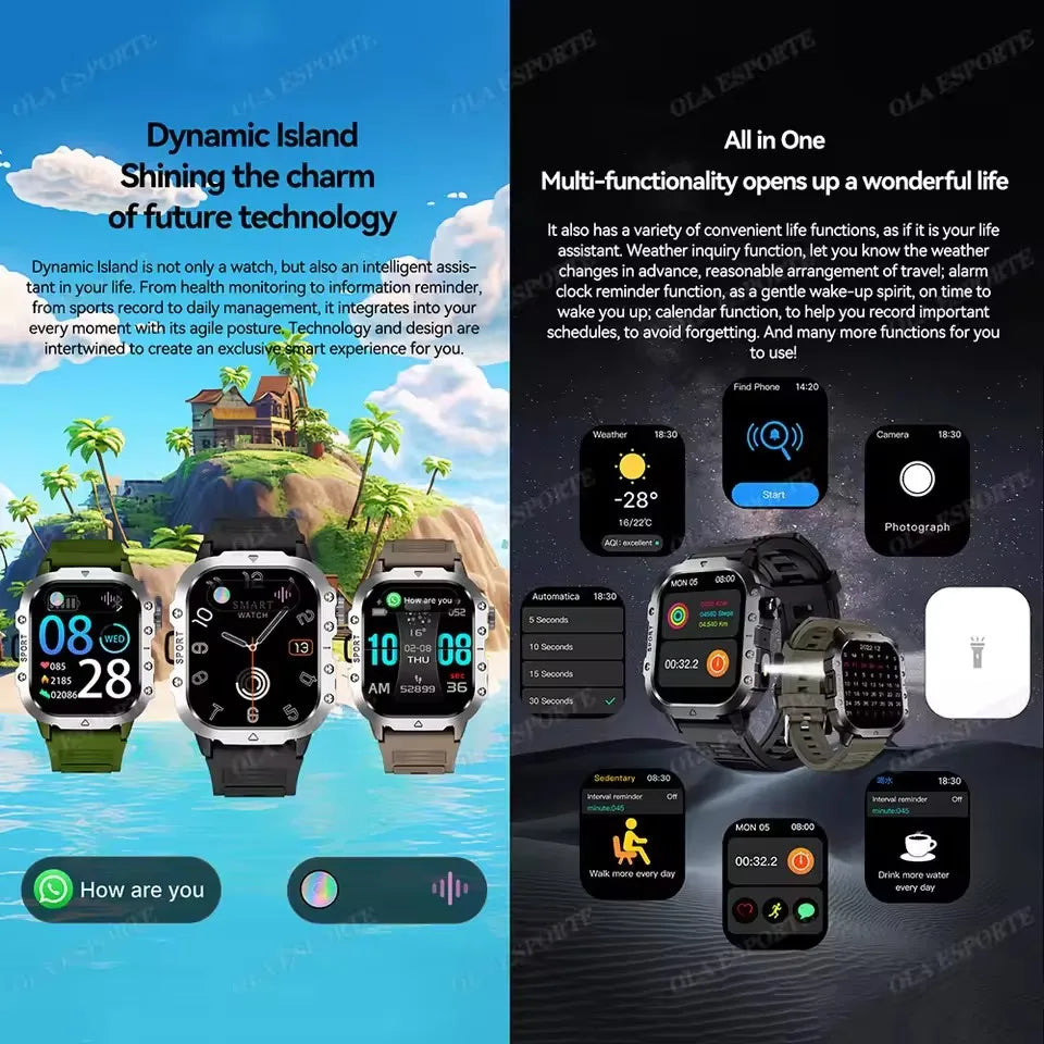2026 Rugged Military Smartwatch — Waterproof, AI Voice, Health Monitor for Men