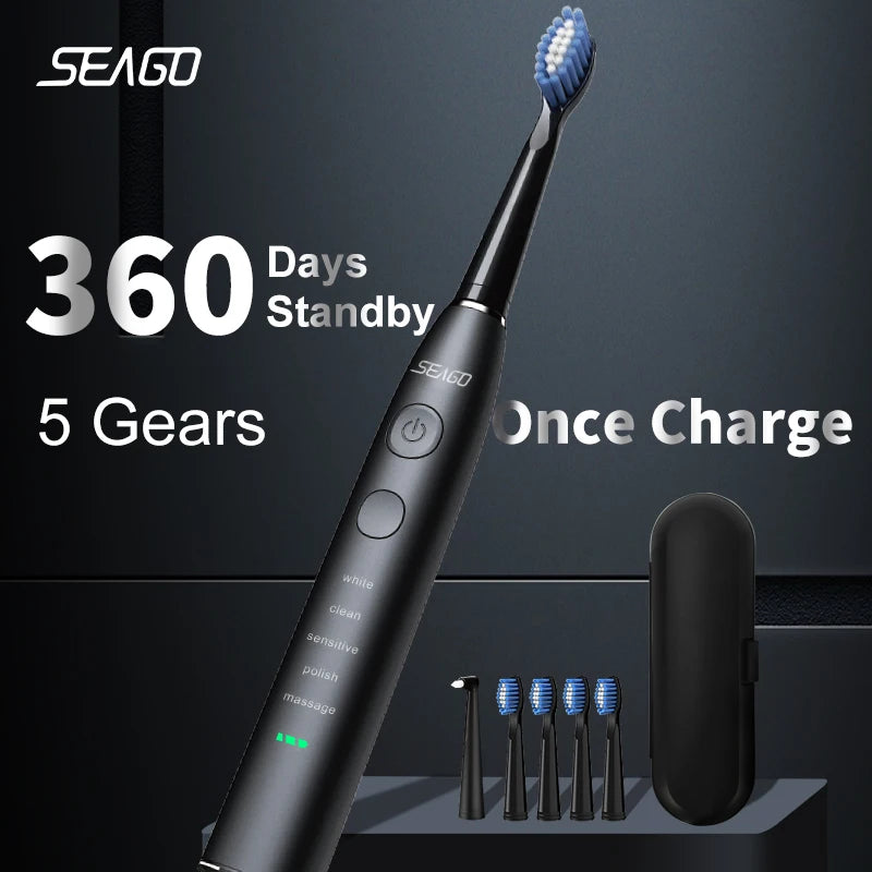 Seago SG-575 Electric Toothbrush — USB Rechargeable, 360-Day Battery, IPX7 with 4 Heads